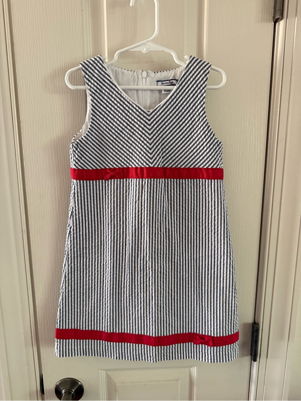 Hartstrings Girls 6 Seersucker Stripe White Navy Dress with Red Ribbon July 4th